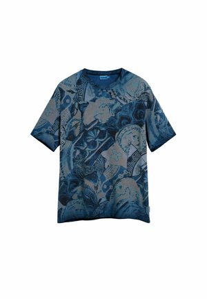 Tričko s krátkym rukávom vyrobené z bavlny, s modro-béžovým abstraktným vzorom obsahujúcim rôzne textúry a kruhové motívy.