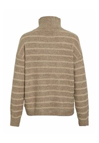 Bežani pulover s črtami in visokim ovratnikom, rebrastimi manšetami in robom. Mehak material s izmeničnimi tankimi in debelimi črtami v svetlejših odtenkih.