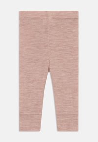Rosa, ribbede leggings laget av mykt stoff. Har en tettsittende design og elastisk midjebånd; glatt tekstur med subtile variasjoner i farge.