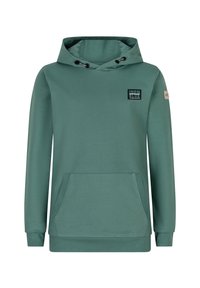 Zielona bluza z kapturem, z kieszenią z przodu i ściągaczami przy mankietach. Posiada kwadratową naszywkę z logo na klatce piersiowej oraz akcenty ze sznurkiem.