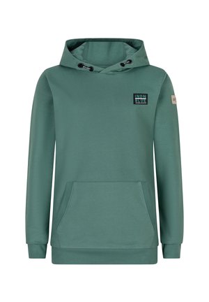 Sweatshirt vert avec capuche, poche avant et poignets côtelés. Présente une patch logo carré sur la poitrine et des accents à cordon.
