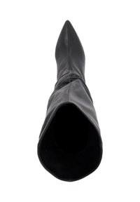 Black leather knee-high boot with a pointed toe and a slouchy design. Inside view shows a smooth texture and rounded opening.