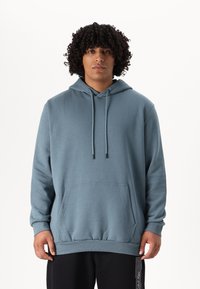 Blue cotton hoodie with long sleeves, a front pouch pocket, drawstring hood, and ribbed cuffs and hem. Worn with black pants.
