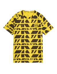 Jersey amarillo y negro de PUMA de manga corta con patrones diagonales abstractos, cuello redondo y logo del club en el pecho.