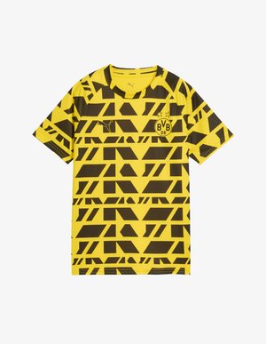 PUMA sárga és fekete, rövid ujjú mez, absztrakt átlós mintázattal, kerek nyakkivágással és a klublogóval a mellkason.