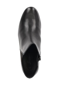 Schwarze Leder-Ankle-Boots mit glatter Oberfläche, spitz zulaufender Zehenpartie und seitlichem Reißverschluss. Verfügt über elastische Einsätze für einen bequemen Einstieg.