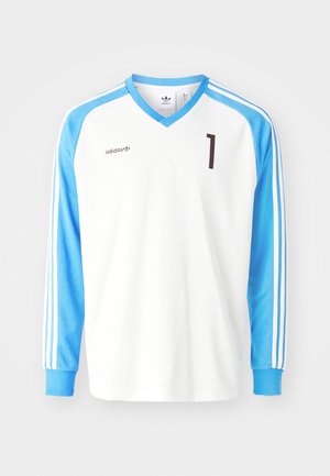 Bílý fotbalový dres s dlouhým rukávem a světle modrými rukávy, s výstřihem do tvaru V, černým číslem "1" a logem Adidas na hrudi a rukávech.