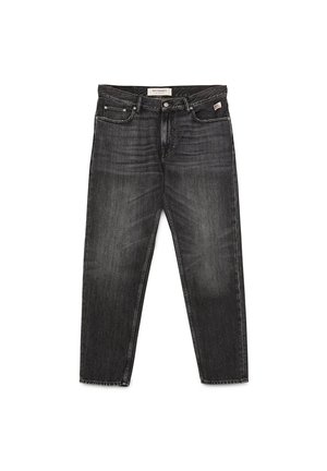 Jeans neri sbiaditi a gamba dritta con bottone frontale e cerniera, design a cinque tasche e etichetta del marchio sulla vita.