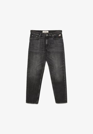 Jeans neri sbiaditi a gamba dritta con bottone frontale e cerniera, design a cinque tasche e etichetta del marchio sulla vita.
