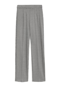 Pantaloni ampi a righe bianche e nere con una parte anteriore plissettata e vita elasticizzata, realizzati in tessuto leggero.