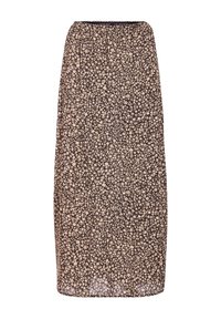 Blommig midi-kjol med brun botten, prydd med ett krämfärgat blommönster. Elastisk midja och rak skärning. Lätt, flödande tyg.