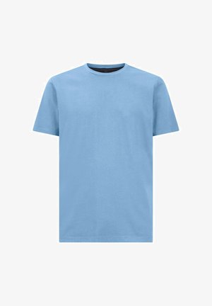 T-shirt in cotone azzurro chiaro con collo rotondo, maniche corte e vestibilità comoda, caratterizzata da un design semplice e una texture morbida.