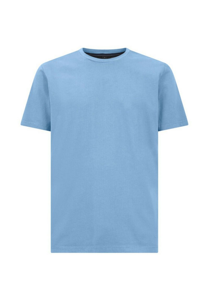 T-shirt in cotone azzurro chiaro con collo rotondo, maniche corte e vestibilità comoda, caratterizzata da un design semplice e una texture morbida.