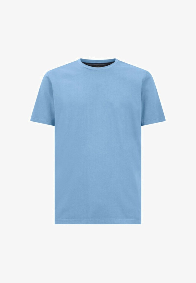 T-shirt in cotone azzurro chiaro con collo rotondo, maniche corte e vestibilità comoda, caratterizzata da un design semplice e una texture morbida.