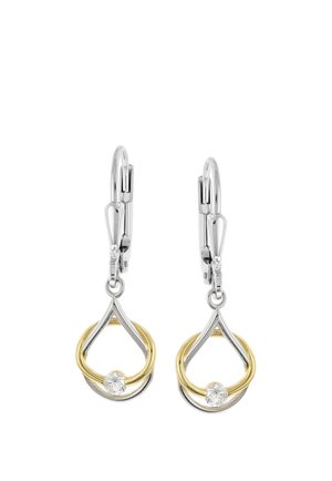Silver and gold teardrop-shaped earrings with a small clear round gemstone at the base, featuring lever-back clasps for fastening.
