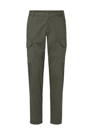 Olive green cargo pants with a fitted silhouette, two large side pockets, and a button closure at the waist. Made of durable fabric.