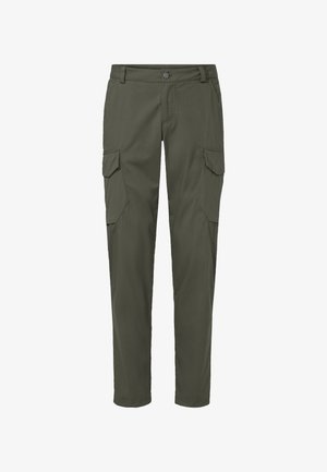 Olive green cargo pants with a fitted silhouette, two large side pockets, and a button closure at the waist. Made of durable fabric.