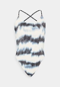 Maillot de bain avec un motif tie-dye en bleu, noir et blanc. Il présente des bretelles fines entrecroisées et une finition en tissu texturé.