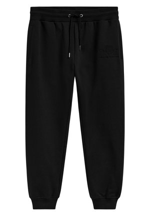 Sorte bomulds sweatpants med elastisk talje, snøre, sidelommer og ribbede manchetter. Har et subtilt sort logo detaljer.