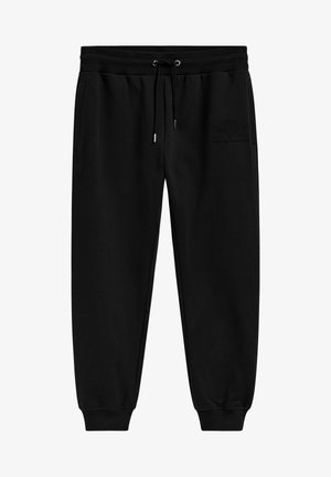 Sorte bomulds sweatpants med elastisk talje, snøre, sidelommer og ribbede manchetter. Har et subtilt sort logo detaljer.