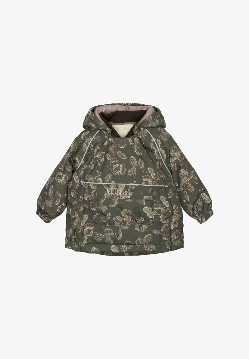 Tamsiai žalia pamušalu su gobtuvu striukė su lapų raštu. Yra atspindinti apdaila, elastingi rankogaliai ir priekinė kišenė. Minkštas vidinis pamušalas.