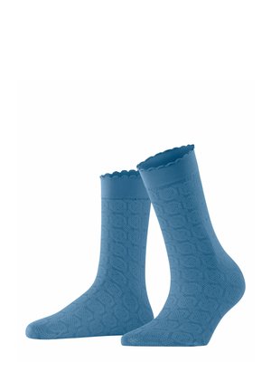 Blue ankle socks with a textured pattern, scalloped top edge, soft fabric, and a snug fit tapering towards the toes and heel.