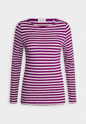 Langarmshirt mit horizontalen lila und weißen Streifen, Rundhalsausschnitt und einem weichen, dehnbaren Stofftextur.