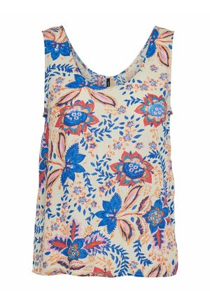 Top in tessuto floreale con scollatura a barchetta, caratterizzato da uno sfondo color crema chiaro decorato con fiori blu e arancioni e foglie verdi.