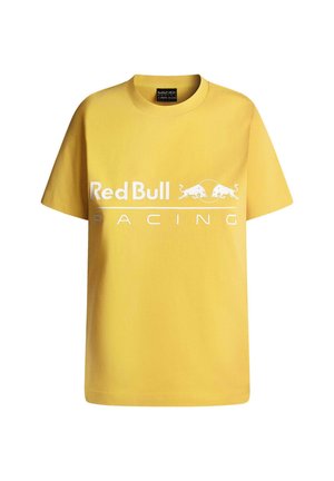 Gelbes Baumwoll-T-Shirt mit kurzen Ärmeln, das ein weißes "Red Bull Racing"-Logo auf der Vorderseite und ein Rundhalsausschnitt-Design enthält.