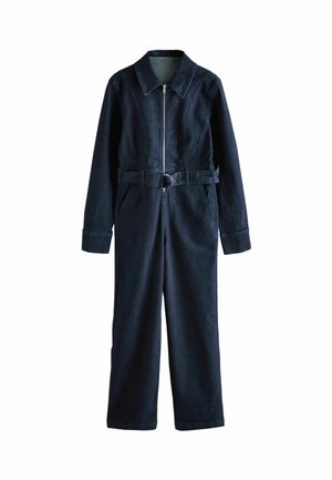 Dunkelblauer Jeans-Overall mit Reißverschluss vorne, großem Kragen, langen Ärmeln, seitlichen Taschen, tailliertem Gürtel und geradem Bein Design.