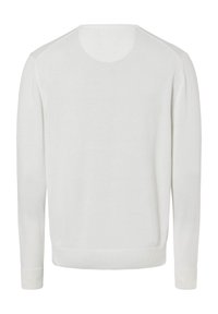 Weißer Pullover mit langen Ärmeln, Rundhals, gerippten Bündchen und Saum. Aus einem glatten, gestrickten Material. Schlichtes und sauberes Design.