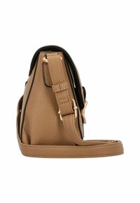 Borsa a spalla in pelle beige con finitura testurizzata, interno nero e tracolla regolabile. Presenta hardware in tono oro e una chiusura sicura.