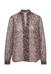 Blouse florale en tissu noir transparent avec un col haut, des manches longues et une patte de boutonnage à l'avant, ornée d'un motif de fleurs rouges et roses.