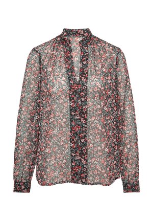 Bloes met bloemenpatroon van doorschijnende zwarte stof, met hoge kraag, lange mouwen en een voorplacket met een rood en roze bloemenpatroon.