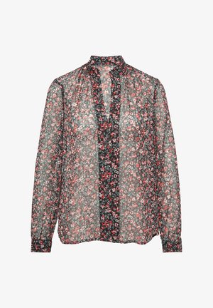 Kwiatowa bluzka z przezroczystej czarnej tkaniny, z wysokim kołnierzem, długimi rękawami i przednim zapięciem, w czerwone i różowe wzory kwiatowe.