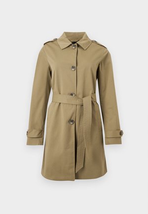 Gabardina beige hasta la rodilla con cierre de botones, cinturón en la cintura, hombreras y correas en los puños.