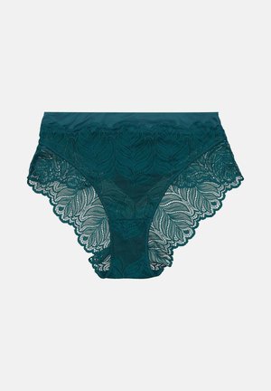 Teal lace underwear with a floral pattern, featuring a satin waistband and scalloped edges. The bottom has a sheer mesh panel.