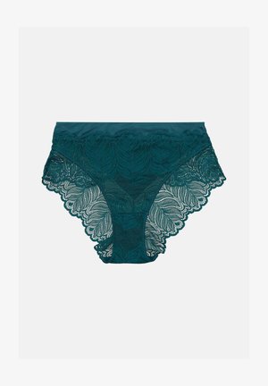 Teal lace underwear with a floral pattern, featuring a satin waistband and scalloped edges. The bottom has a sheer mesh panel.