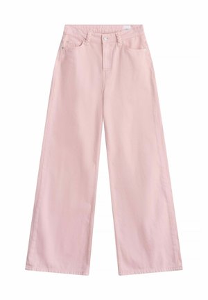 Jeans rose clair à jambes larges avec passants de ceinture tressés, poches avant et fermeture par boutons, présentés à plat sur un fond blanc.