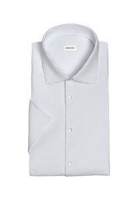 Witte blouse met kleine blauwe stippen, klassieke spread collar en één borstzak. Glad stof met een strakke afwerking.