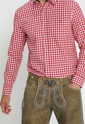 Homme portant une chemise à carreaux rouge et blanc rentrée dans un lederhosen vert olive avec des motifs brodés bleus.