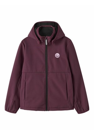 Giacca viola con cappuccio, zip frontale, due tasche laterali, polsini elastici e una piccola faccina sorridente rosa sul petto.