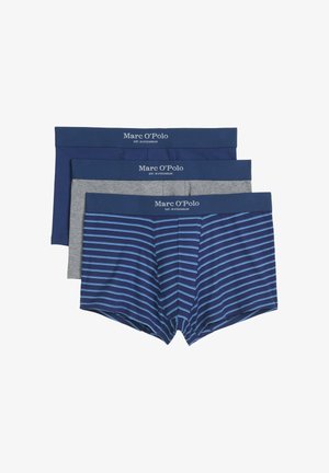 Three pairs of men's boxer briefs: solid dark blue, gray, and striped navy with light blue. Features branded waistbands. Soft cotton material.