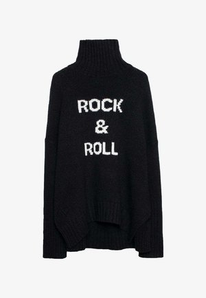 Maglione nero a maglia con colletto alto a costine. Presenta la scritta bianca "ROCK & ROLL" sul davanti. Design oversize con una finitura testurizzata.