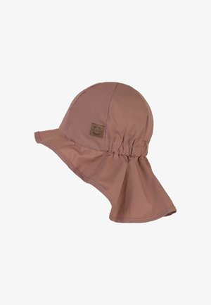 Cappello da sole in tessuto rosa con ampia visiera e corona arricciata, dotato di un piccolo logo ricamato sul lato. Texture liscia e design leggero.