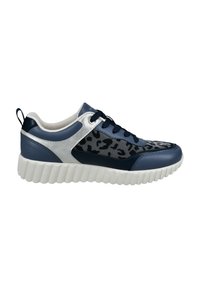 Marineblaue Sneaker mit Leopardenmuster-Panel, silbernen Akzenten und grober weißer Gummisohle. Merkmale sind eine runde Zehenform und ein Schnürdesign.