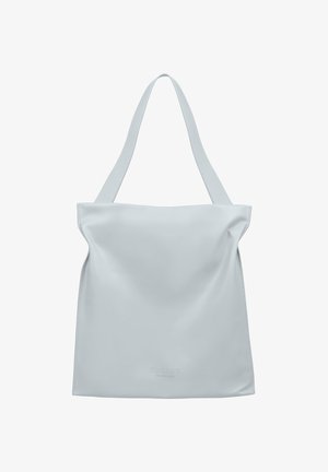 Lichtgrijze tote bag van zacht, glad leer met verlengde handvatten en een minimalistisch ontwerp met een subtiel merkteken onderaan.
