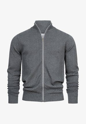 Pullover grigio in maglia con zip, caratterizzato da un motivo a chevron testurizzato, colletto e polsini a costine, e chiusura con zip in argento.