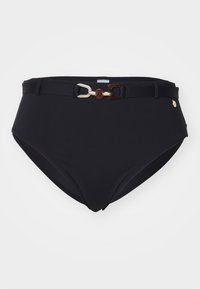 Černé bikiny se zvýšeným pasem vyrobené z hladké tkaniny, s ozdobným pásem ve zlatých a hnědých tónech. Jednoduchý design bez vzorů.