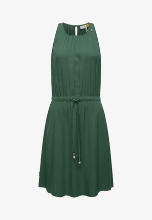 Roheline ilma varrukat kleit pleeditud bodice'iga, elastse vööga, millel on helmestega ääristused, ning silmade avausega selja detail. Pehme, sile tekstuur.